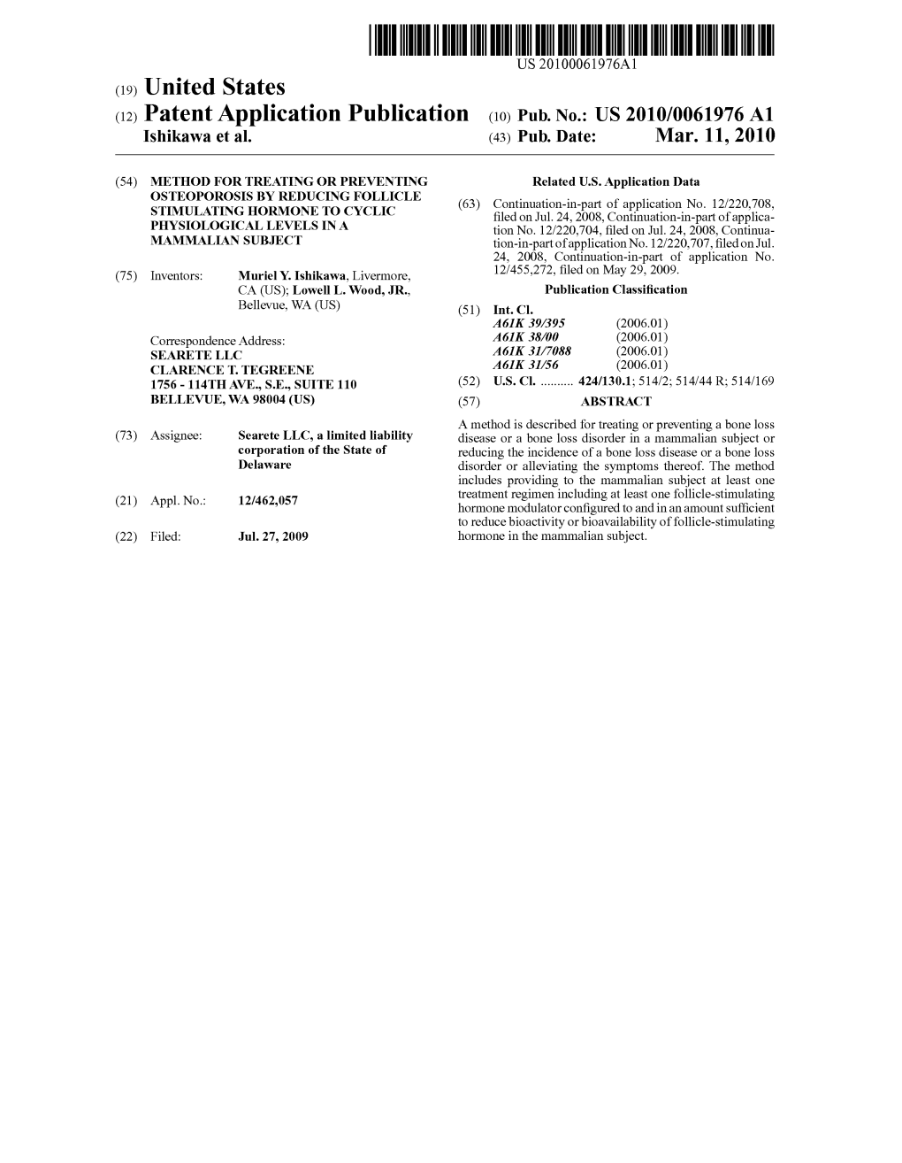 (12) Patent Application Publication (10) Pub. No.: US 2010/0061976 A1 Ishikawa Et Al