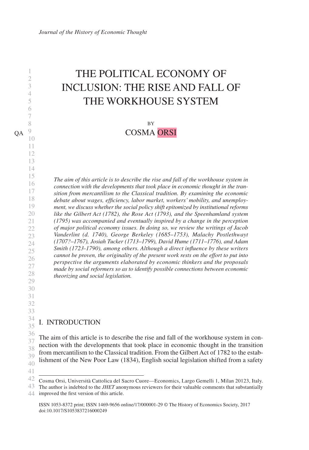 The Political Economy of Inclusion: the Rise and Fall of the Workhouse System