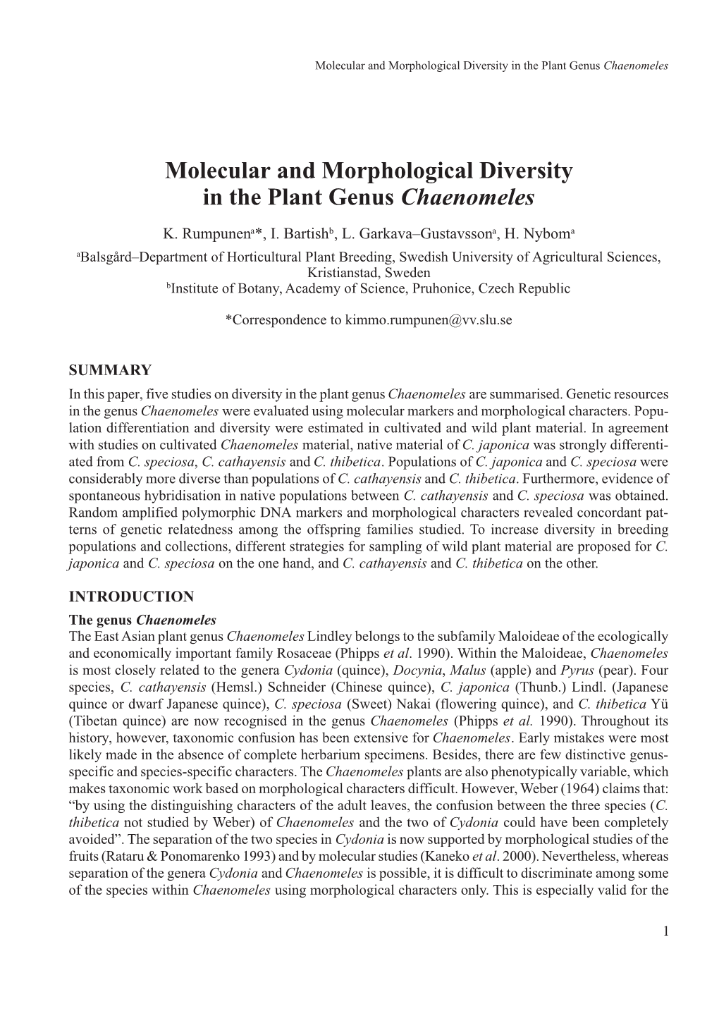 Molecular and Morphological Diversity in the Plant Genus Chaenomeles