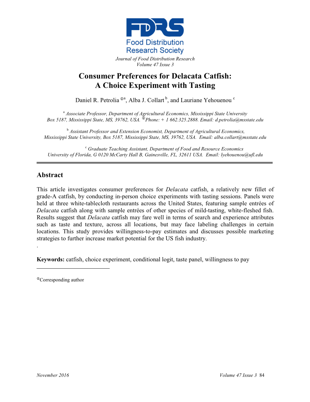 Consumer Preferences for Delacata Catfish: a Choice Experiment with Tasting