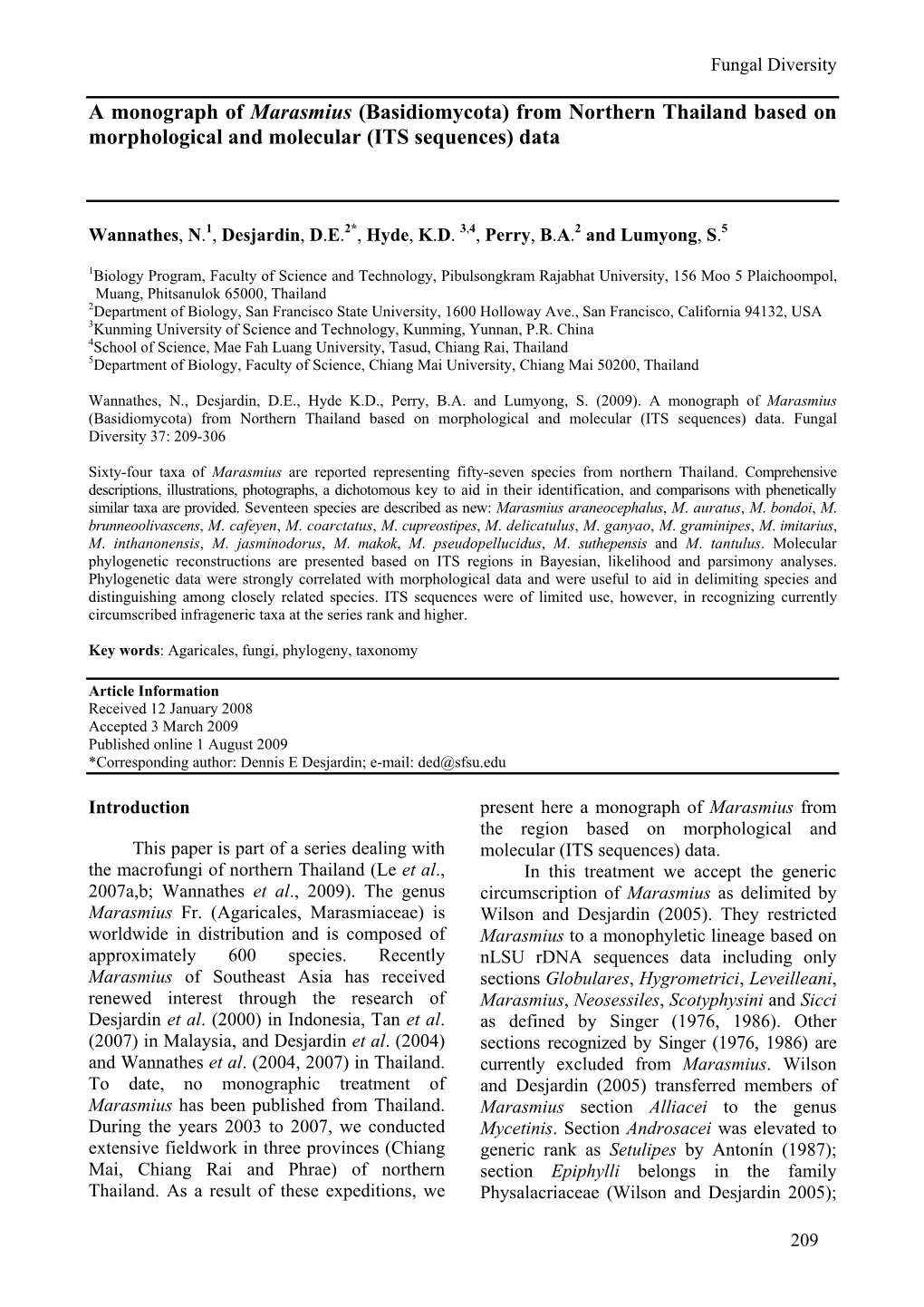 From Northern Thailand Based on Morphological and Molecular (ITS Sequences) Data