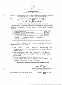Constitution of District Level Standing Committee, in Order to Improve Border Security Along Indo-Pakistan Border