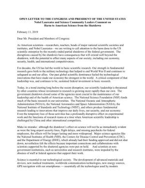 OPEN LETTER to the CONGRESS and PRESIDENT of the UNITED STATES Nobel Laureates and Science Community Leaders Comment on Harm to American Science from the Shutdown