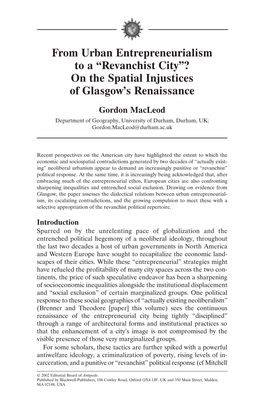 From Urban Entrepreneurialism to a “Revanchist City”? on the Spatial Injustices of Glasgow’S Renaissance