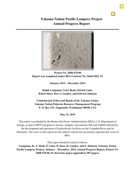 2014 Yakama Nation Pacific Lamprey Project Annual Progress Report