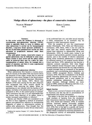 Malign Effects of Splenectomy-The Place of Conservative Treatment NAHUM WERBIN* KIRAN LODHA M.D