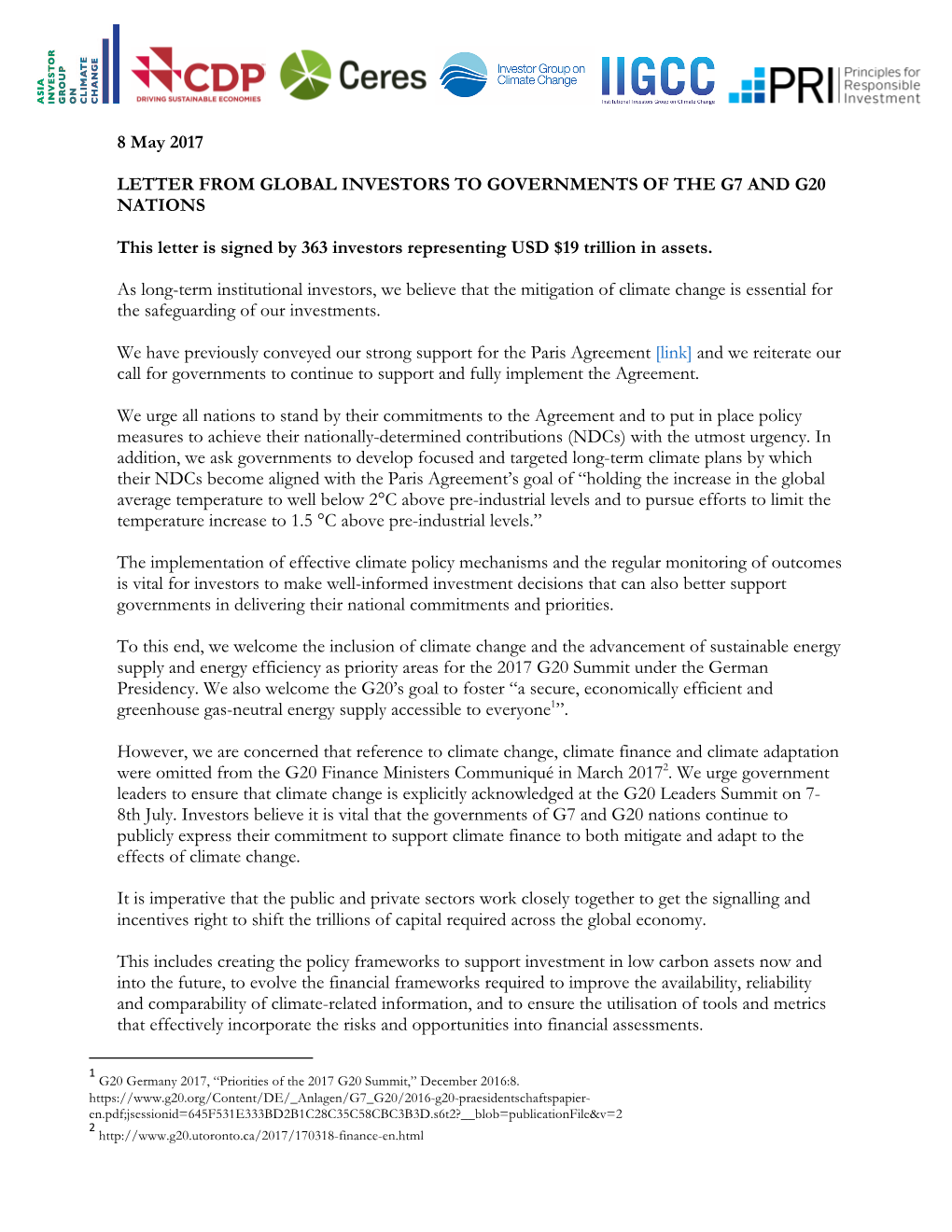 8 May 2017 LETTER from GLOBAL INVESTORS to GOVERNMENTS