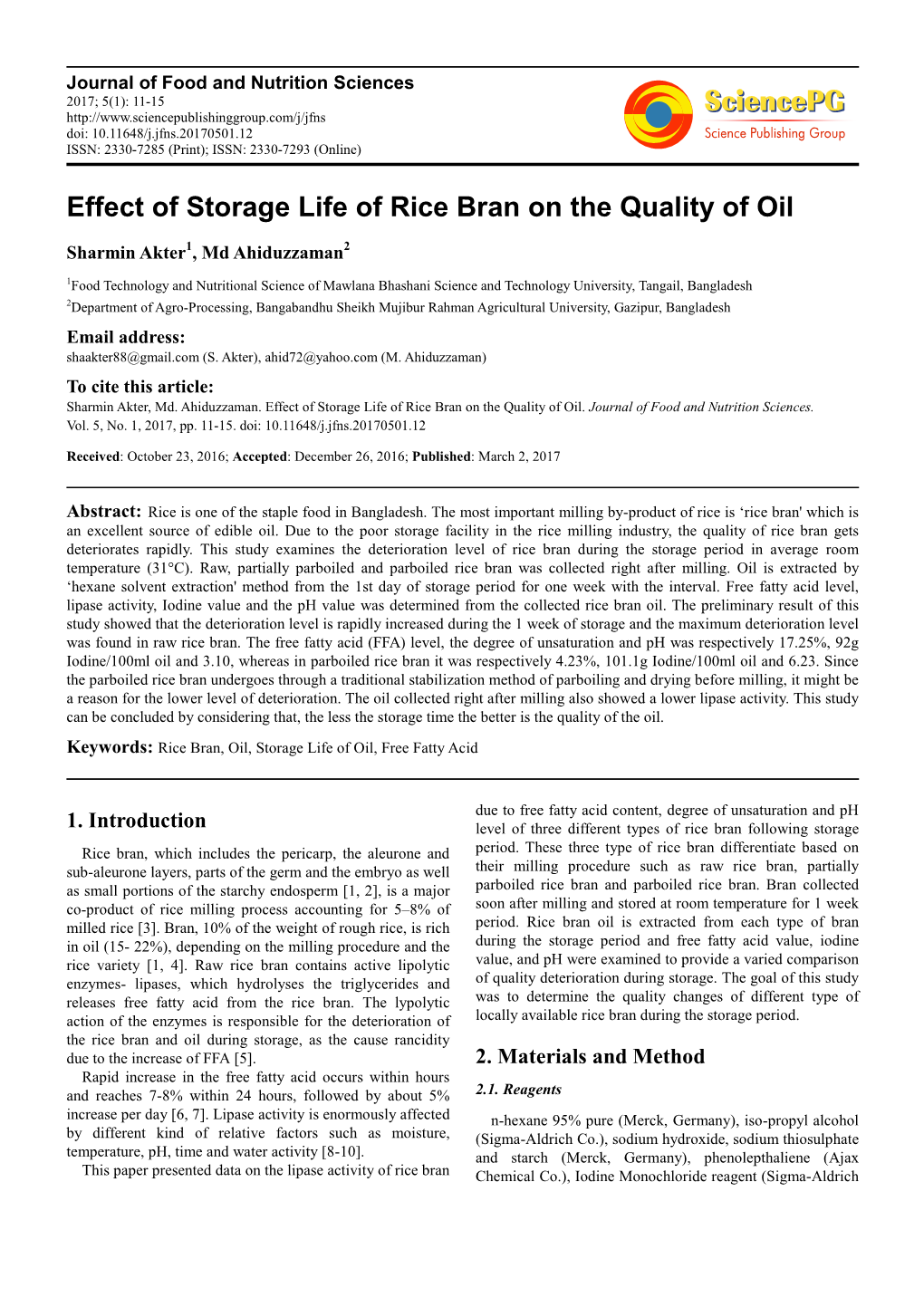 Effect of Storage Life of Rice Bran on the Quality of Oil