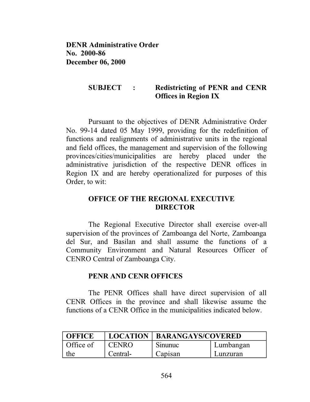564 DENR Administrative Order No. 2000-86 December 06, 2000