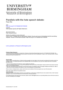 University of Birmingham Parallels with the Hate Speech Debate