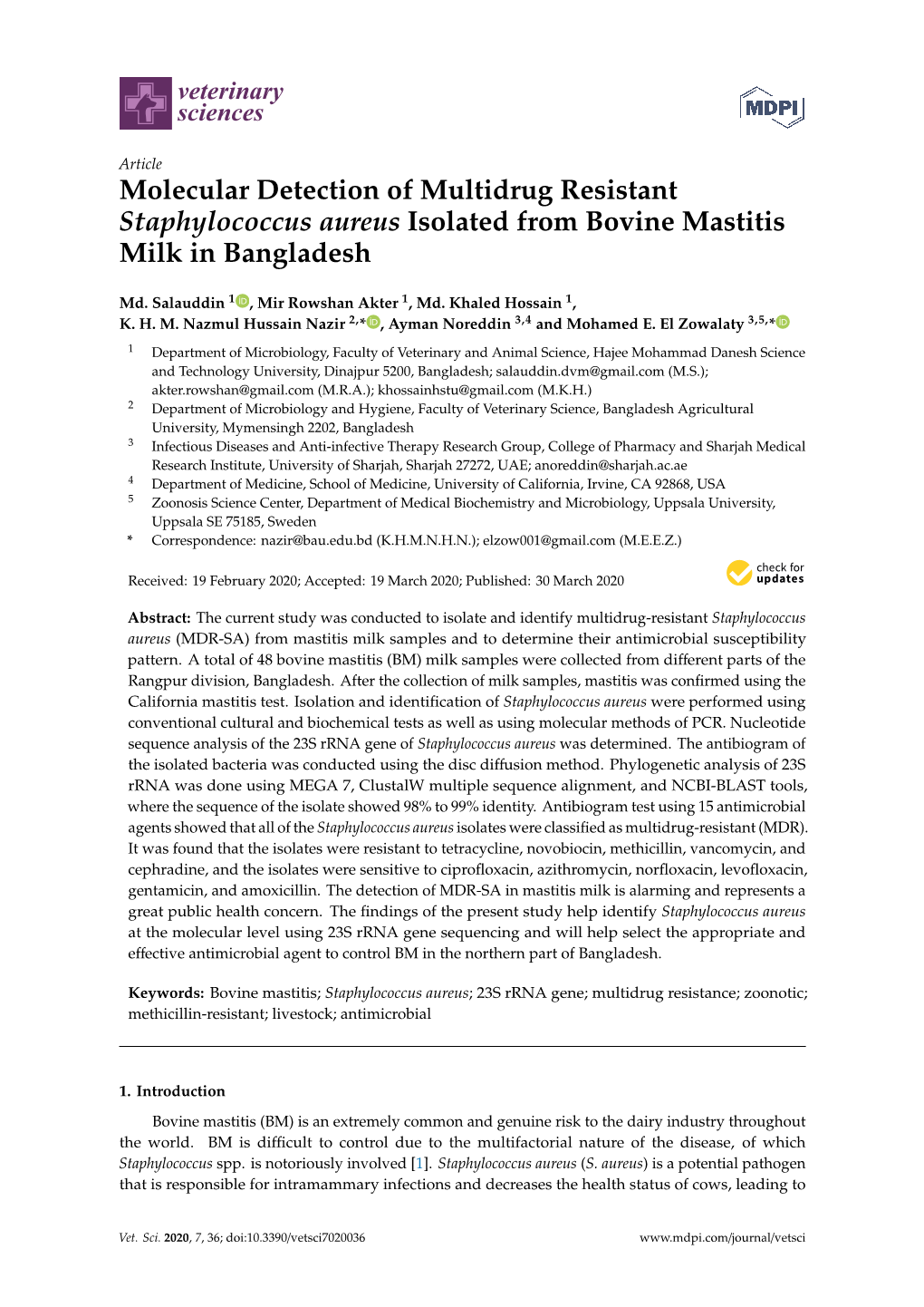 Molecular Detection of Multidrug Resistant Staphylococcus Aureus Isolated from Bovine Mastitis Milk in Bangladesh