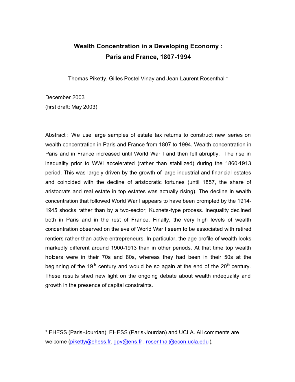 Wealth Concentration in a Developing Economy : Paris and France, 1807-1994