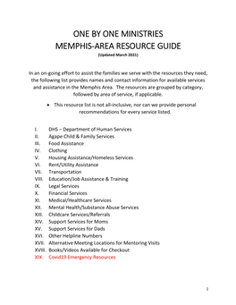 ONE by ONE MINISTRIES MEMPHIS-AREA RESOURCE GUIDE (Updated March 2021)