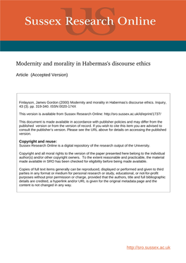 Modernity and Morality in Habermas's Discourse Ethics