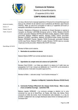 Commune De Violaines Réunion Du Conseil Municipal Du 27 Septembre 2018 À 18H30 COMPTE RENDU DE SÉANCE