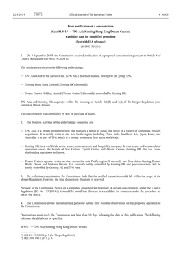 Case M.9515 — TPG Asia/Genting Hong Kong/Dream Cruises) Candidate Case for Simplified Procedure (Text with EEA Relevance) (2019/C 308/05)