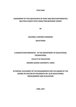 Title Page Assessment of the Equivalence of Waec And