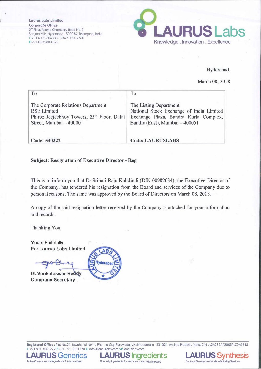 Resignation of Dr. Srihari Raju Kalidindi