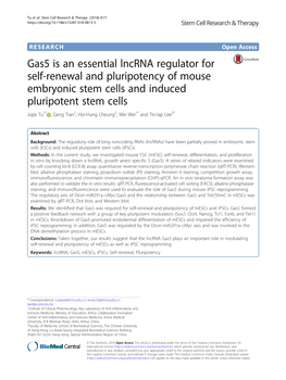 Gas5 Is an Essential Lncrna Regulator for Self-Renewal and Pluripotency of Mouse Embryonic Stem Cells and Induced Pluripotent St