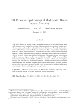 SIR Economic Epidemiological Models with Disease Induced Mortality∗