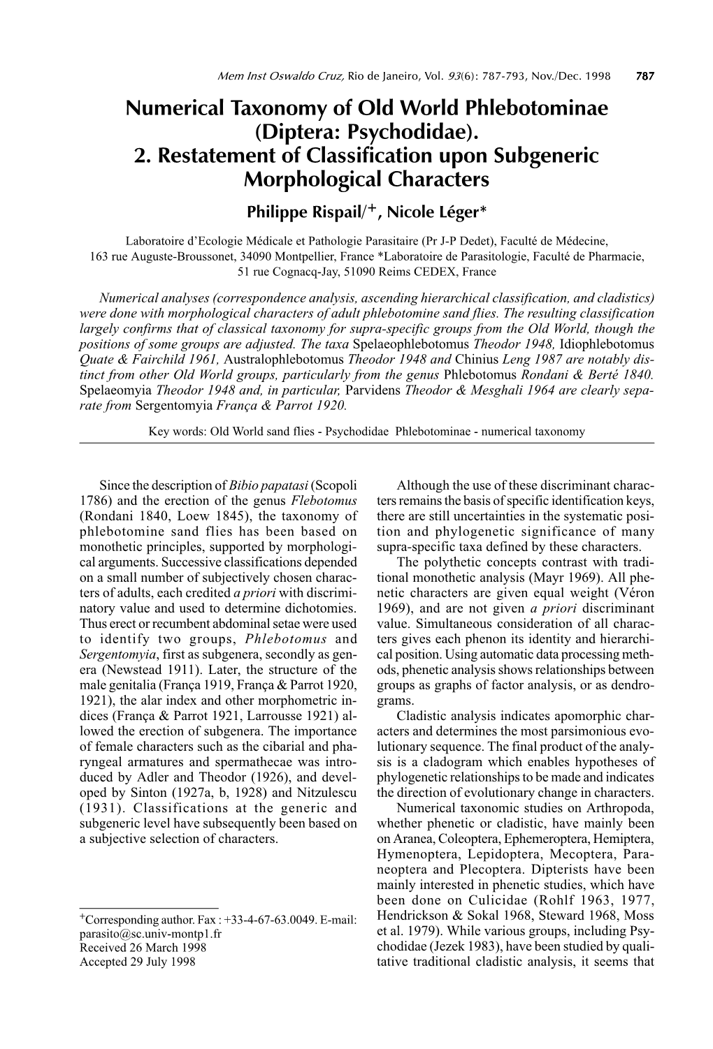 Numerical Taxonomy of Old World Phlebotominae (Diptera: Psychodidae)