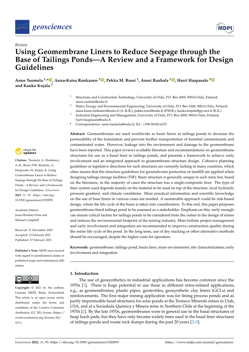 Using Geomembrane Liners to Reduce Seepage Through the Base of Tailings Ponds—A Review and a Framework for Design Guidelines