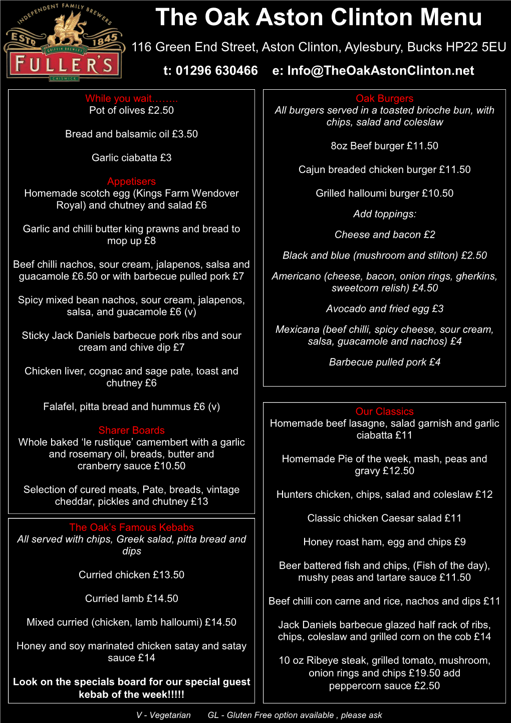 The Oak Aston Clinton Menu