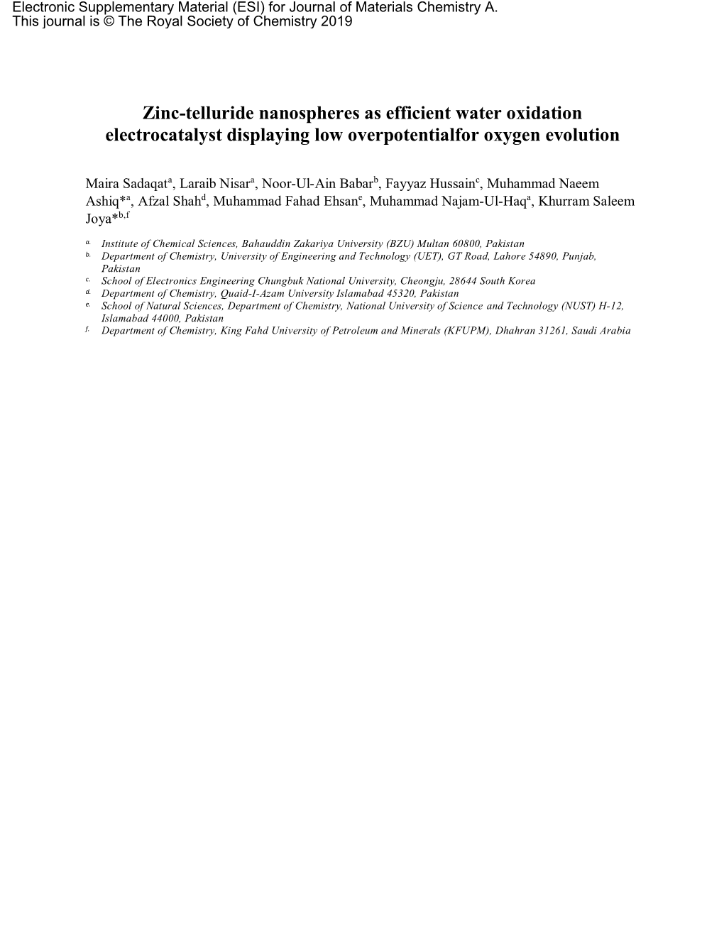 Zinc-Telluride Nanospheres As Efficient Water Oxidation Electrocatalyst Displaying Low Overpotentialfor Oxygen Evolution