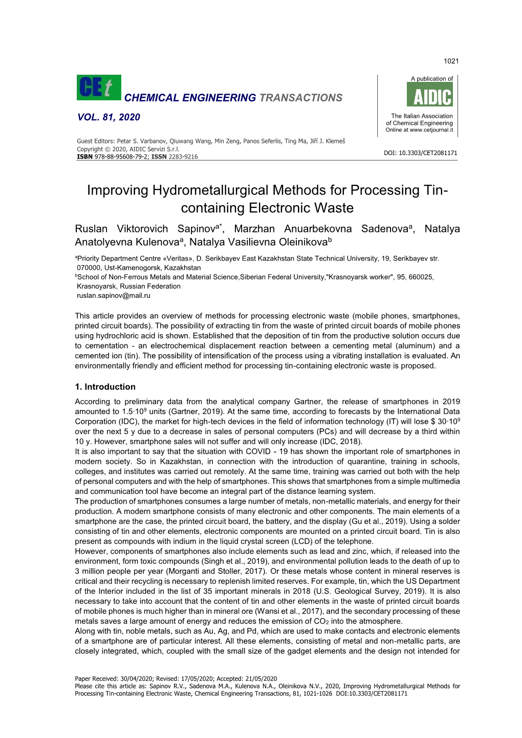 Improving Hydrometallurgical Methods for Processing Tin