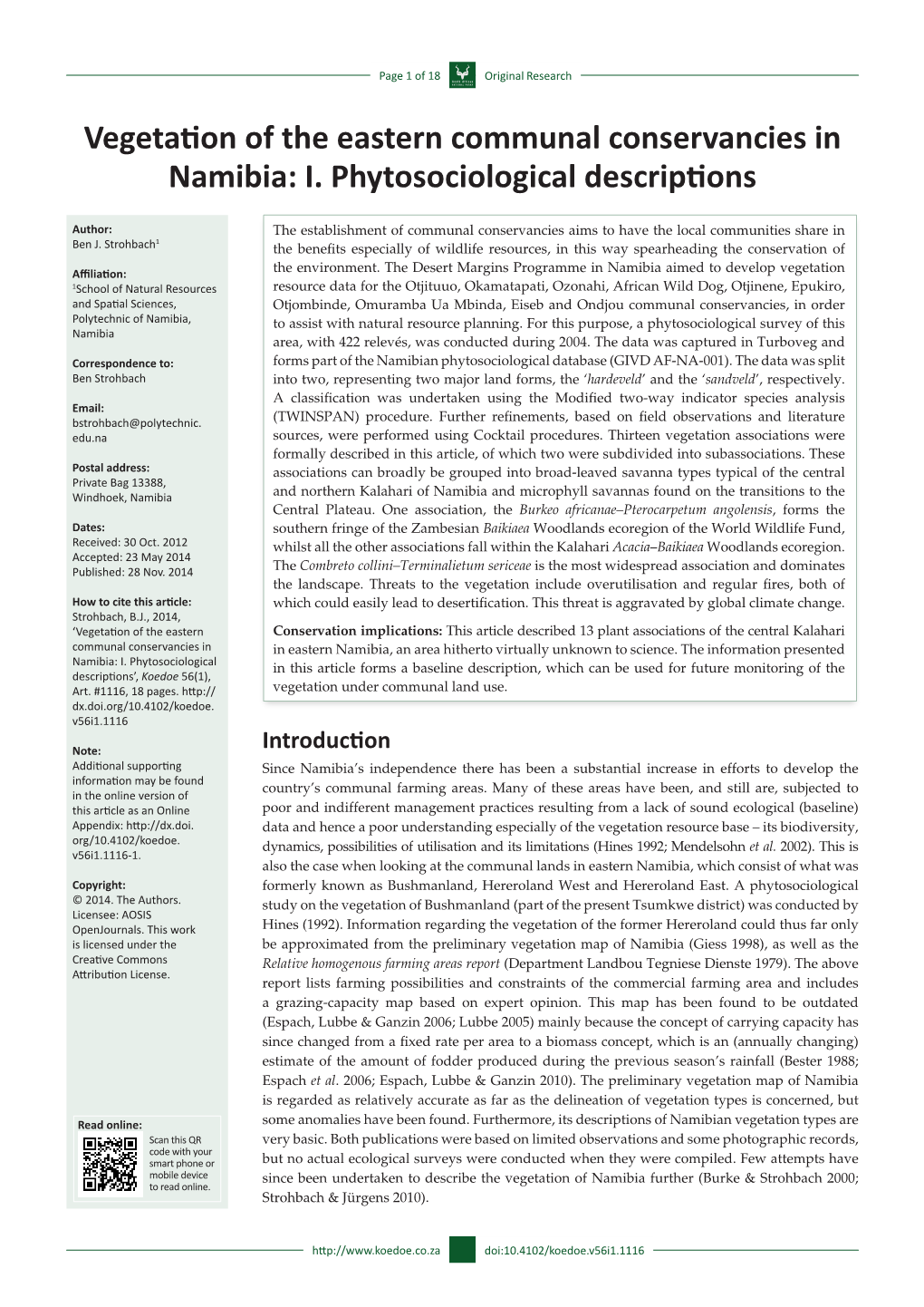 Vegetation of the Eastern Communal Conservancies in Namibia: I