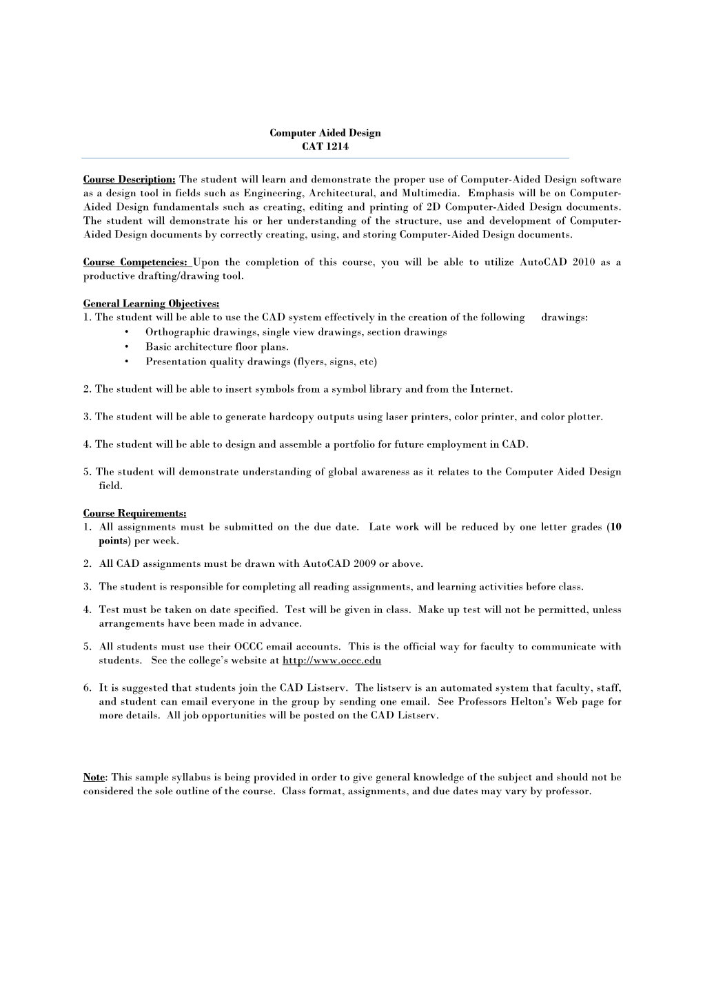 Computer Aided Design CAT 1214 Course Description