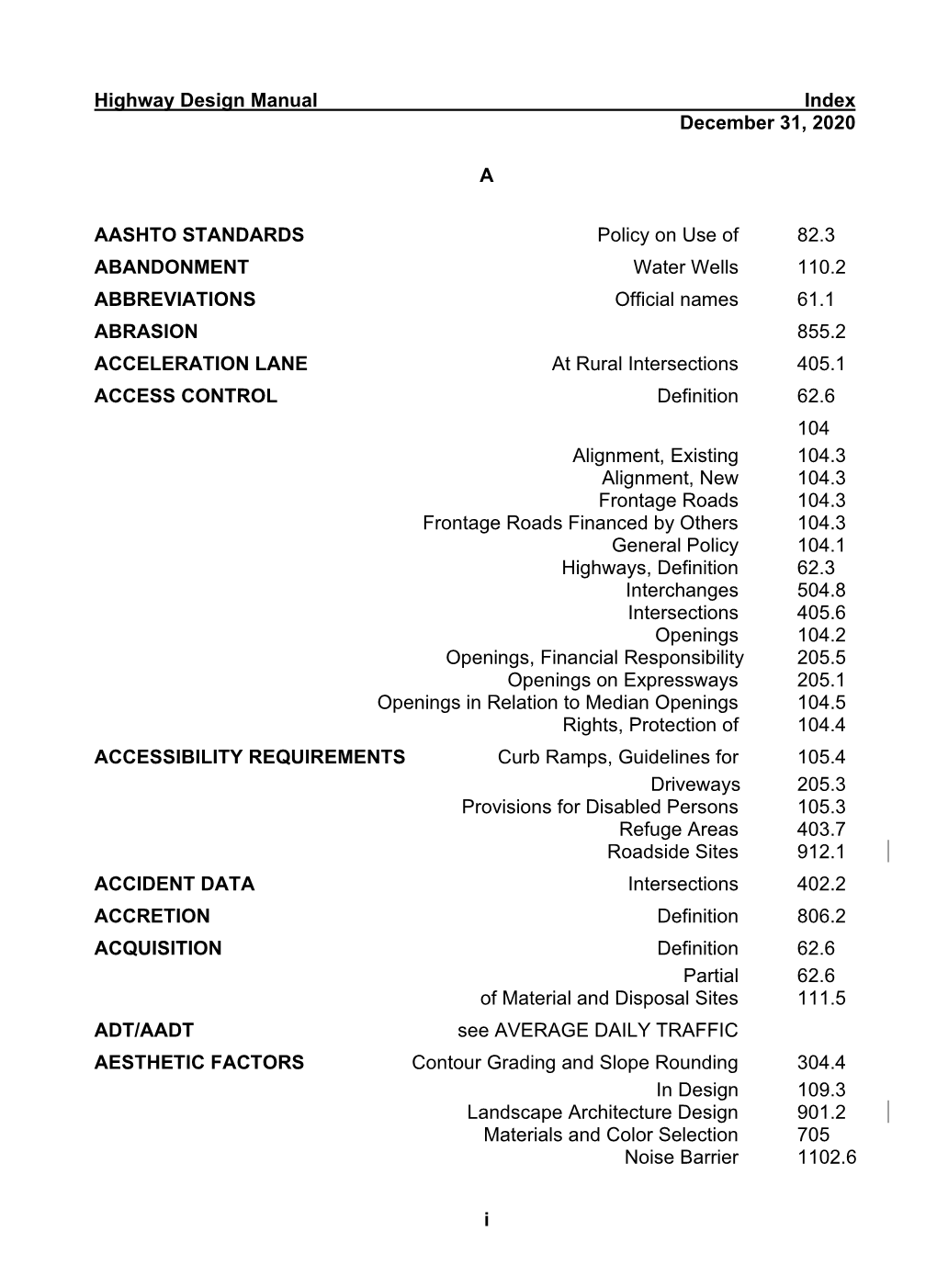 Highway Design Manual Index December 31, 2020 I a AASHTO