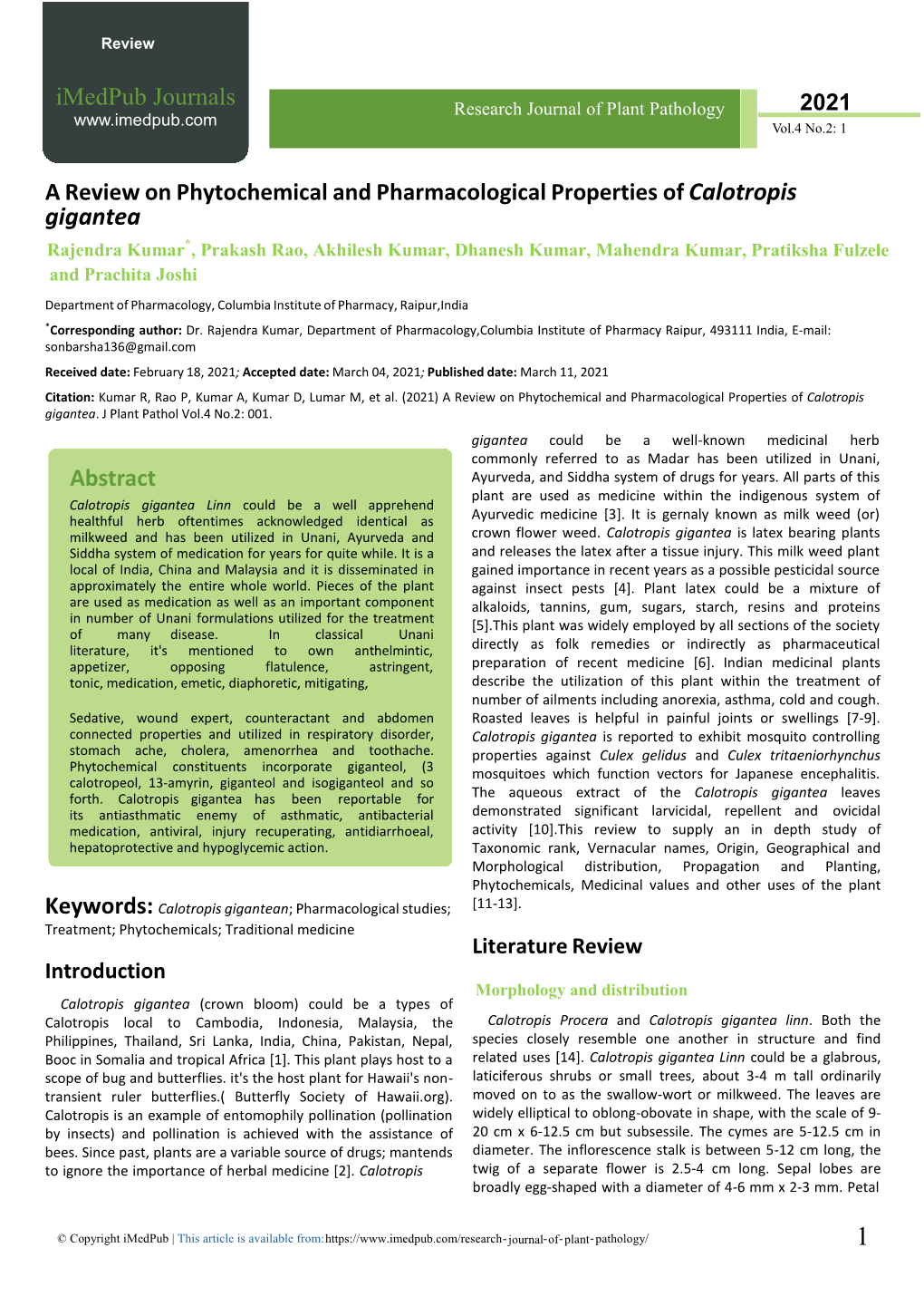 Gigantea Imedpub Journals Abstract