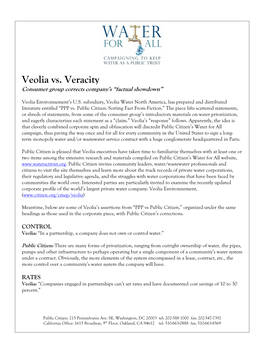 Veolia Vs. Veracity Consumer Group Corrects Company’S “Factual Showdown”