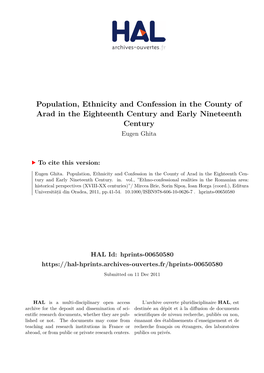 Population, Ethnicity and Confession in the County of Arad in the Eighteenth Century and Early Nineteenth Century Eugen Ghita