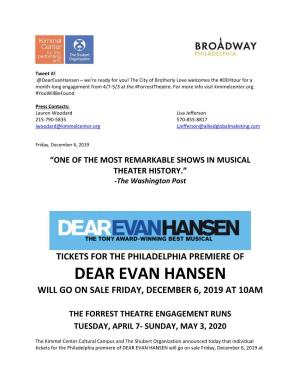 Dear Evan Hansen Will Go on Sale Friday, December 6, 2019 at 10Am