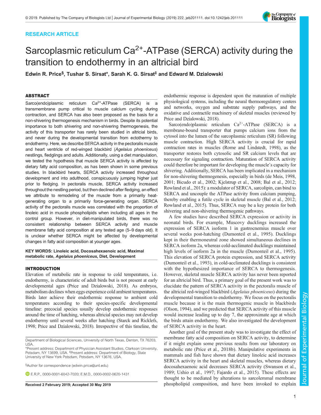 Sarcoplasmic Reticulum Ca2+-Atpase (SERCA) Activity During the Transition to Endothermy in an Altricial Bird Edwin R