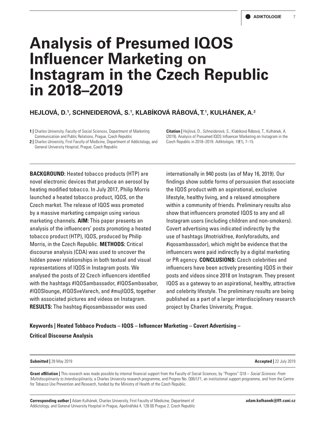 Analysis of Presumed IQOS Influencer Marketing on Instagram in the Czech Republic in 2018–2019