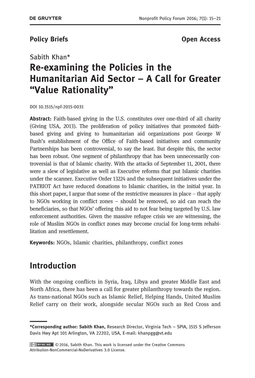 Re-Examining the Policies in the Humanitarian Aid Sector – a Call for Greater “Value Rationality”