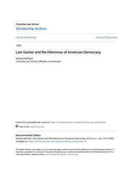 Lani Guinier and the Dilemmas of American Democracy