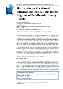 Madrasahs As Vocational Educational Institutions in the Regions of Pre-Revolutionary Russia