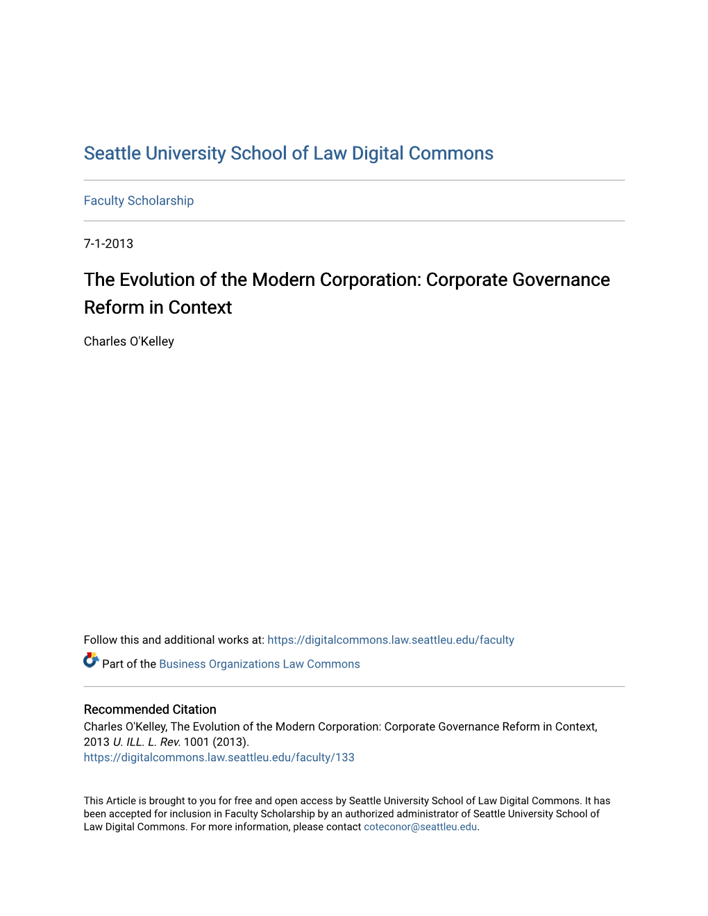 The Evolution of the Modern Corporation: Corporate Governance Reform in Context