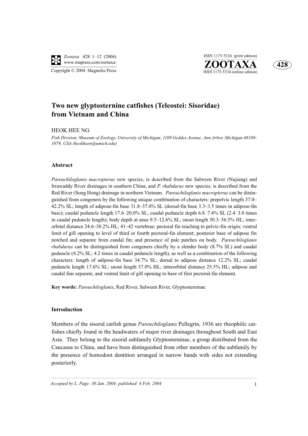 Zootaxa 428: 1–12 (2004) ISSN 1175-5326 (Print Edition) ZOOTAXA 428 Copyright © 2004 Magnolia Press ISSN 1175-5334 (Online Edition)