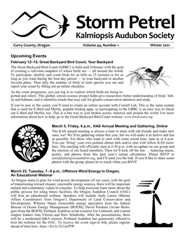 Storm Petrel Kalmiopsis Audubon Society Curry County, Oregon Volume 44, Number 1 Winter 2021