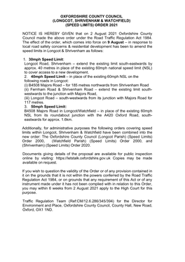 Oxfordshire County Council (Longcot, Shrivenham & Watchfield) (Speed Limits) Order 2021