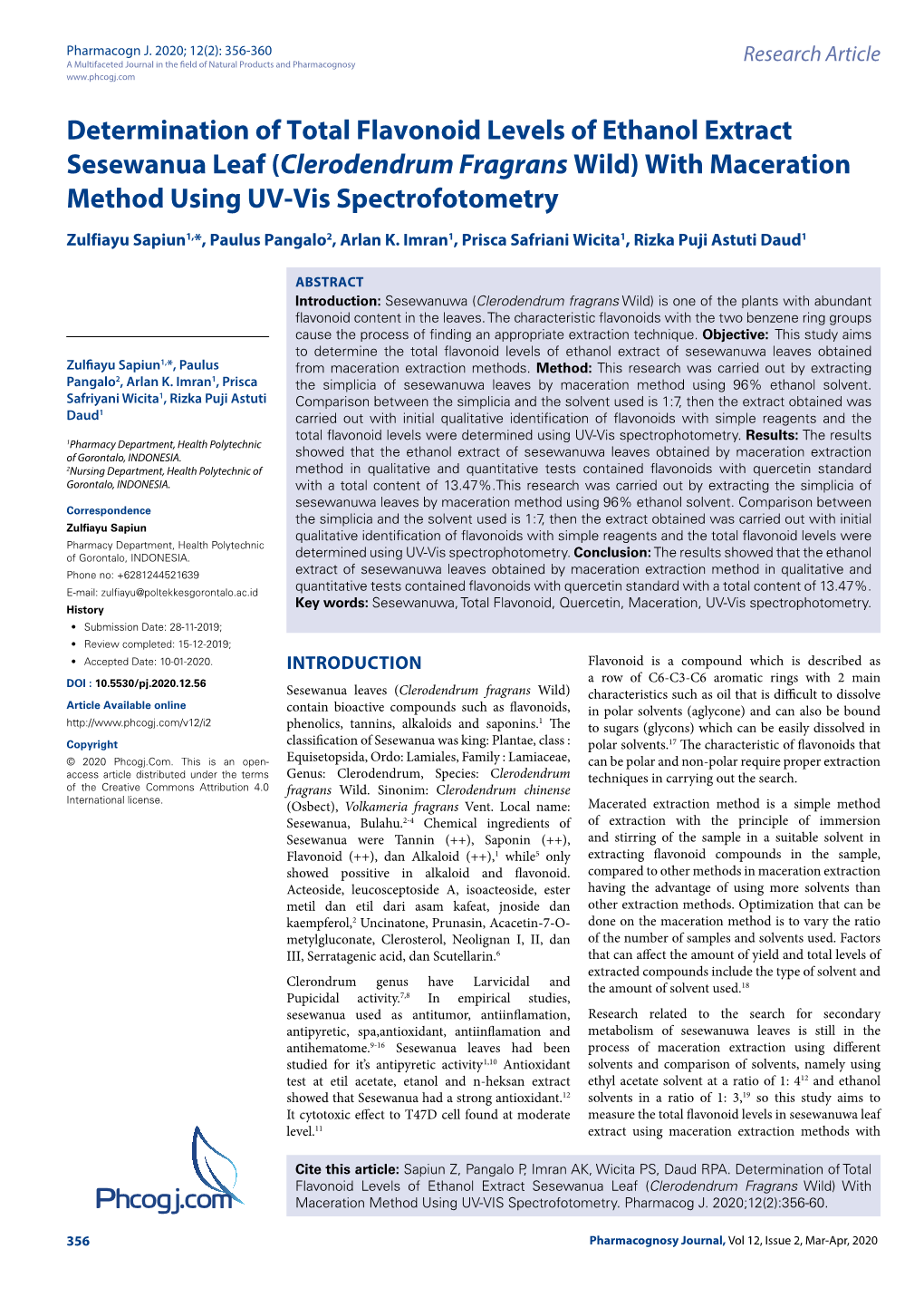 Phcogj.Com Determination of Total Flavonoid Levels of Ethanol Extract