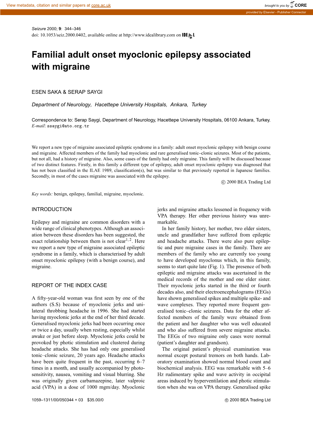 Familial Adult Onset Myoclonic Epilepsy Associated with Migraine