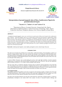 Interpretation of Ground Magnetic Data of Ilesa, Southwestern Nigeria for Potential Mineral Targets