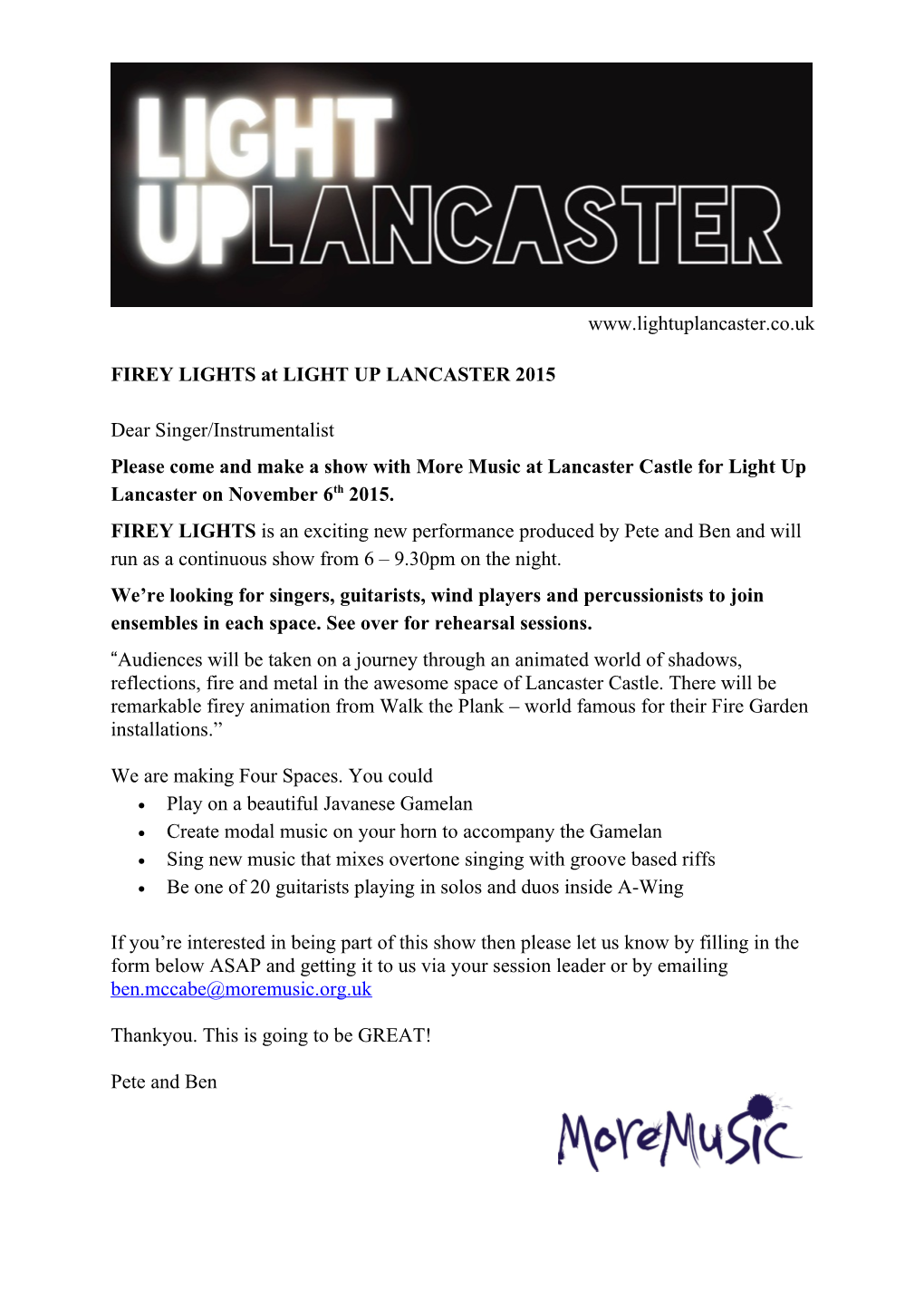 FIREY LIGHTS at LIGHT up LANCASTER 2015