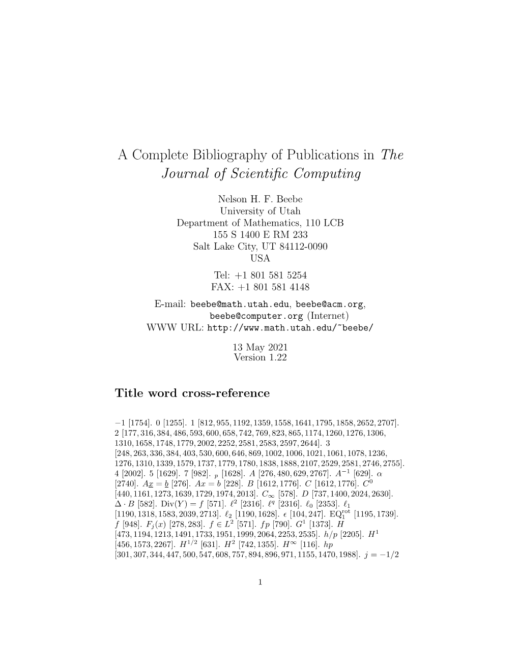 A Complete Bibliography of Publications in the Journal of Scientiﬁc Computing